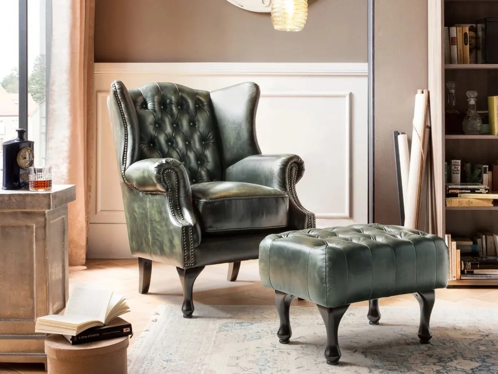 furniture-nabytek.cz - Masivní křeslo ušák Chesterfield Pittsfield z pravé kůže, zelené