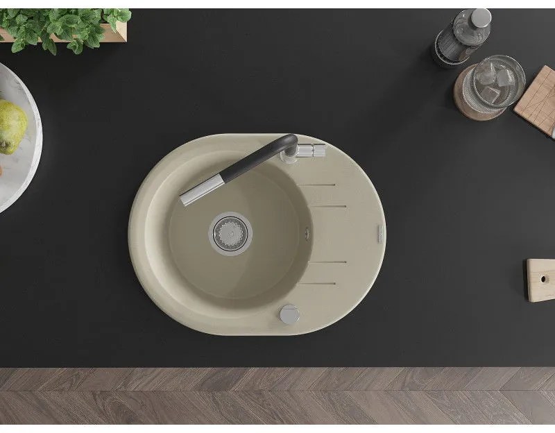 Mexen Kevin, 1-komorový granitový drez 586x458x190 mm a drezová batéria Flora, béžová, 6517-69-670401-07