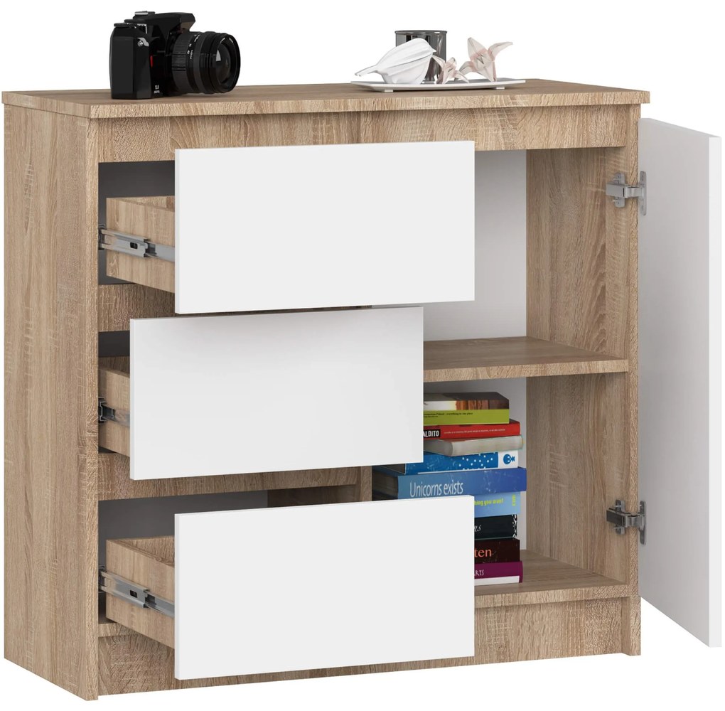 Komoda JERRY K 80 cm 1 dvere 3 zásuvky dub sonoma/biela