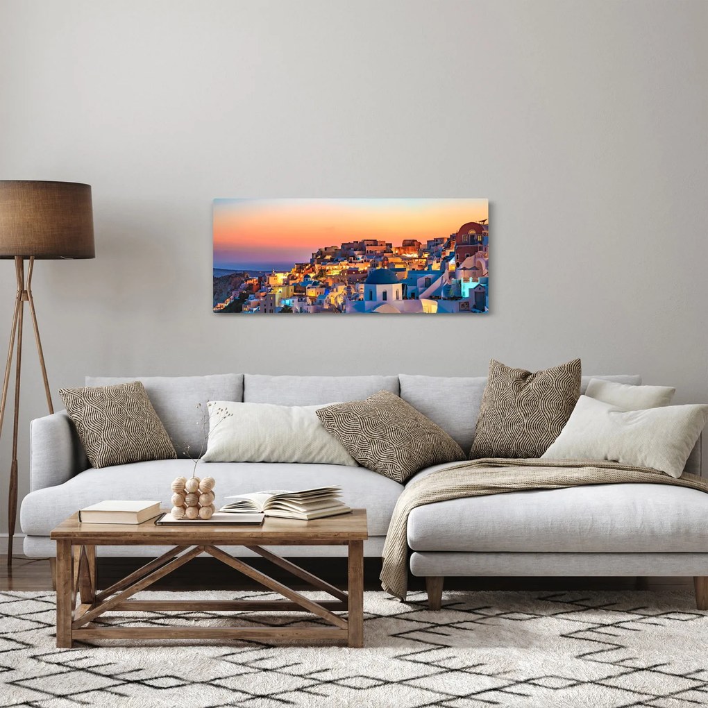 Obraz - Santorini pri zotmení (120x50 cm)