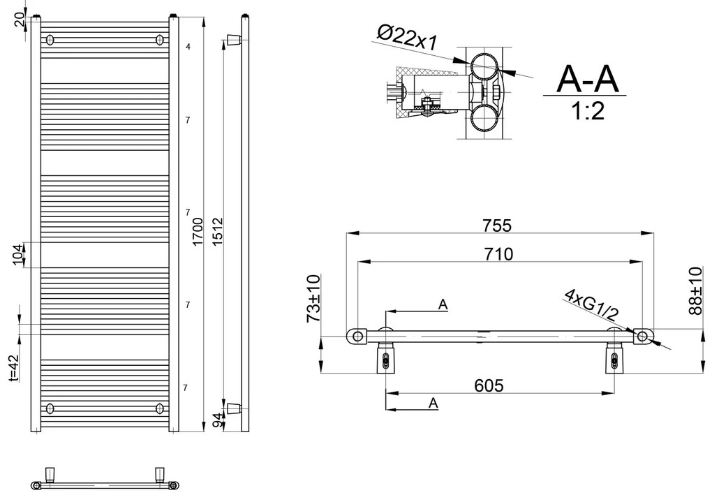 Aqualine, DIRECT Vykurovacie teleso 750x1700 mm, 1107 W, biela, ILR67E