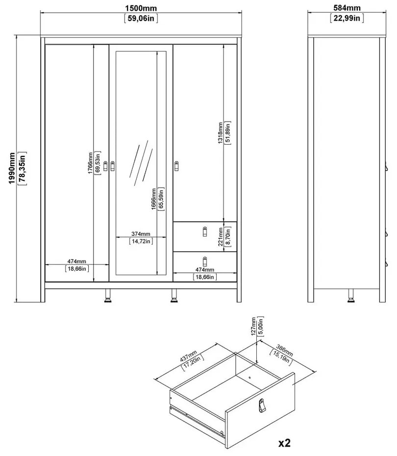 Sivobéžová šatníková skriňa so zrkadlom 150x199x58 cm Madrid – Tvilum