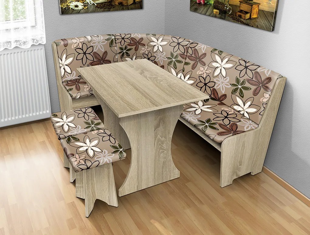 Nabytekmorava Jedálenská rohová lavica sa štokrlemi a stolom farba lamina: biela 113, čalúnenie vo farbe: Alova bordó