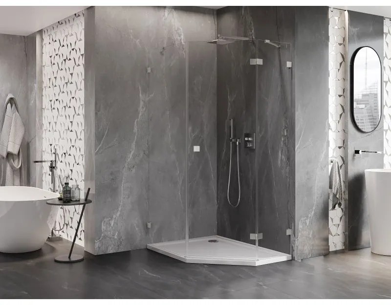 Mexen Lunar, pravý výklopný päťuholníkový sprchový kút 90 x 100 cm, 8mm číre sklo, oceľový profil, 831-090P-100L-97-00-P