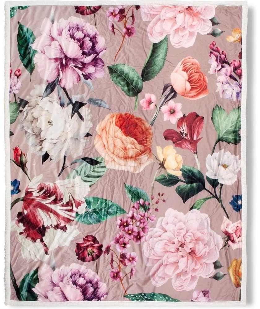 Béžová obojstranná deka Descanso Fiori, 130 x 160 cm