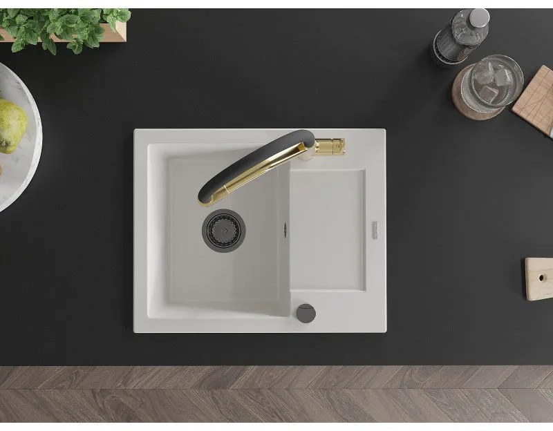 Mexen Enzo, granitový drez 576x465x174 mm, 1-komorový a drezová batéria Duo, biela, 6506-20-671701-57-B