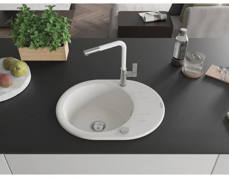 Mexen Kevin, 1-komorový granitový drez 586x458x190 mm a drezová batéria Flora, biela, 6517-20-670401-02