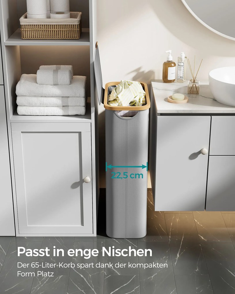 Kôš na prádlo s viečkom, úzky kontajner na prádlo 65 L, 42 x 22,5 x 70,5 cm, holubia šedá