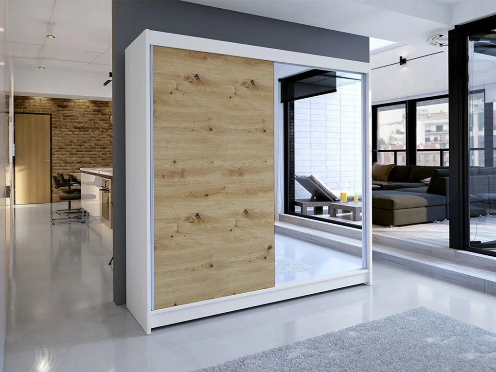 Šatníková skriňa s posuvnými dverami Bar I, Farby: biela / sonoma, Osvetlenie: osvetlenie LED RGB - farebné