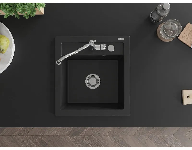 Mexen Vito, granitový drez 490x520x210 mm, 1-komorový a drezová batéria Carla, čierna, 6503-77-670700-00