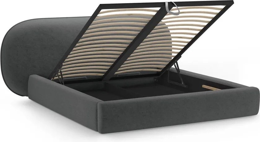 Tmavosivá čalúnená dvojlôžková posteľ s úložným priestorom s roštom 180x200 cm Ovalo – Micadoni