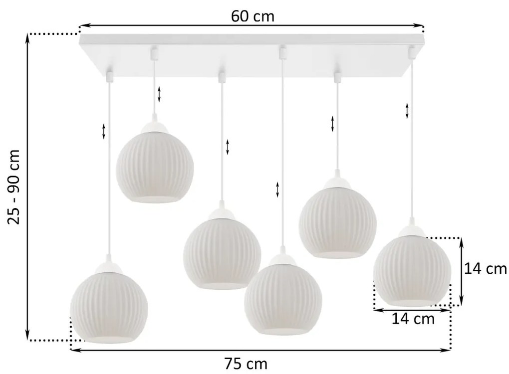 Závesné svietidlo Riffle Round, 6x biele sklenené tienidlo, w