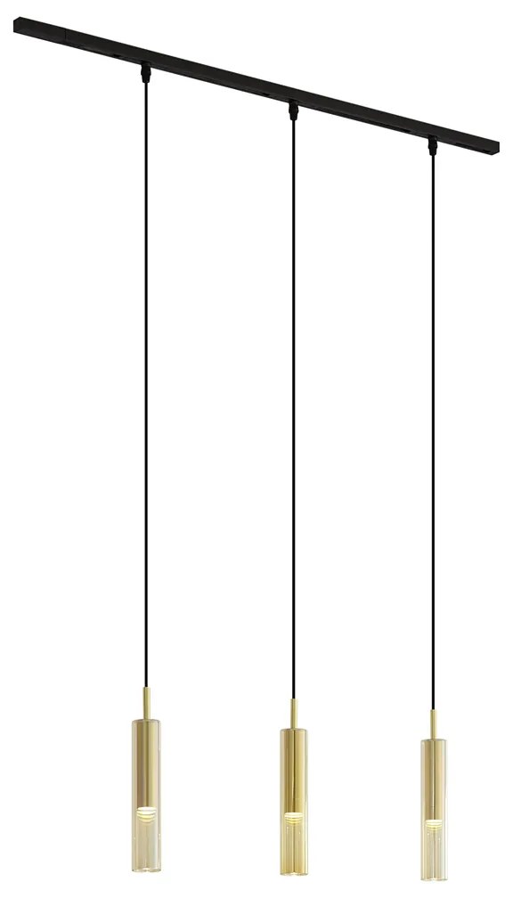 Modern railsysteem zwart met 3 hanglampen goud met amber glas 1-fase - Slimline Loyce
