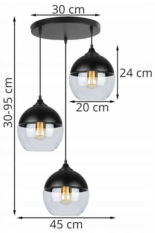 Závesné svietidlo Oslo, 3x čierne/transparentné sklenené tienidlo, o