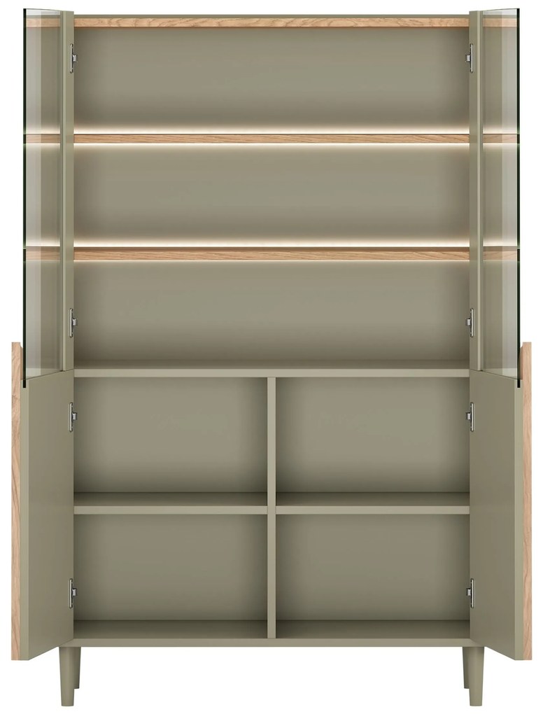 Vitrína Amilio 100 cm dvojdverová na nožičkách - eukalyptus / dub baltic dune / úchyty dub prírodný