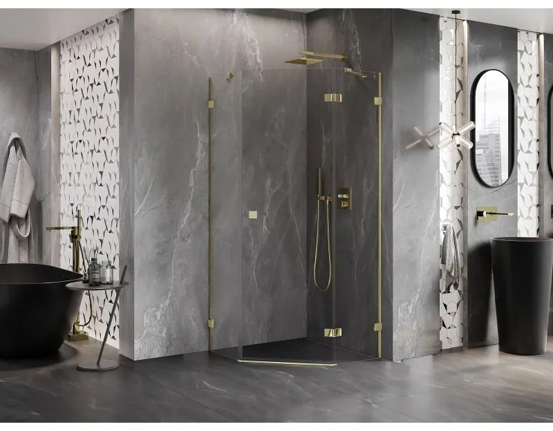 Mexen Lunar, výklopný päťuholníkový sprchový kút pravý 90 x 90 cm, 8mm číre sklo, zlatý profil, 831-090P-090L-50-00-P