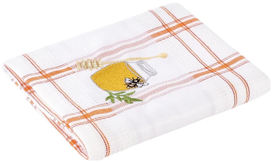 Kuchynská vaflová utierka s výšivkou Med - oranžové káro