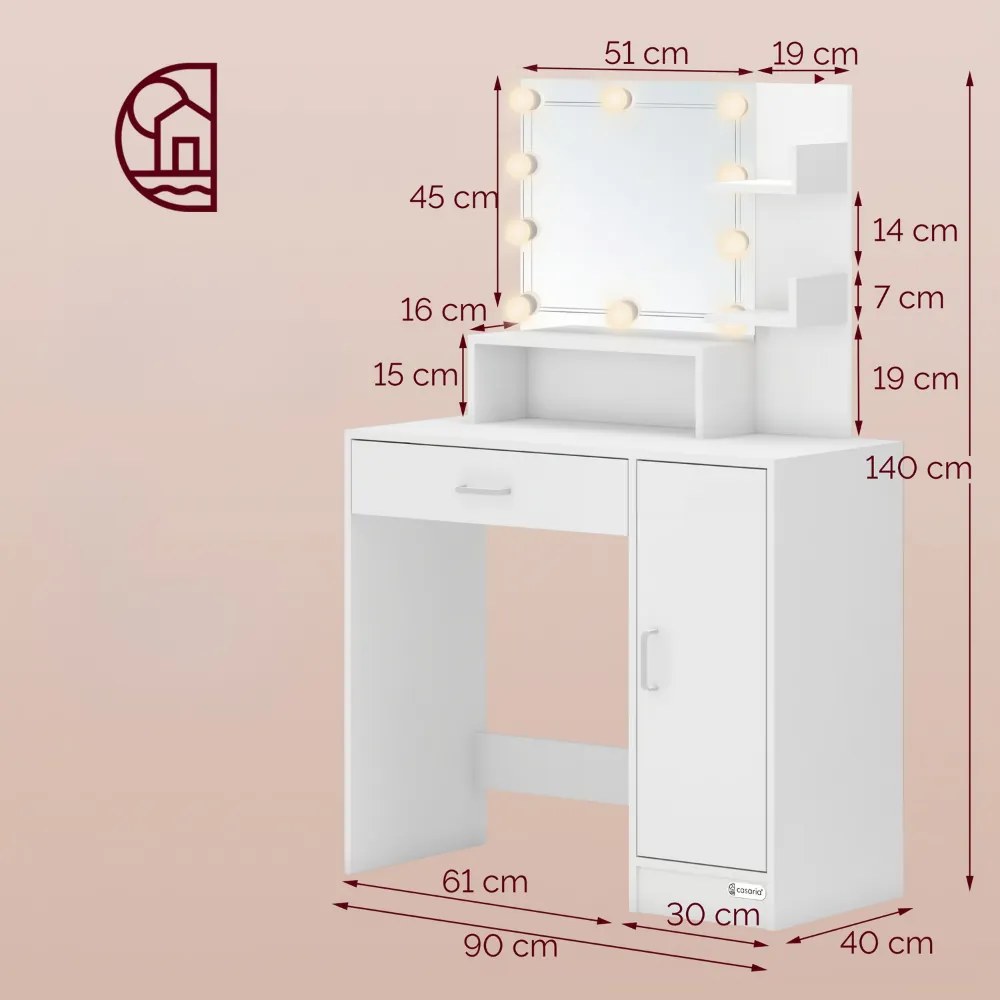 Toaletný stolík JOCELYN s osvetlením, 140x90x40cm, biela Casaria