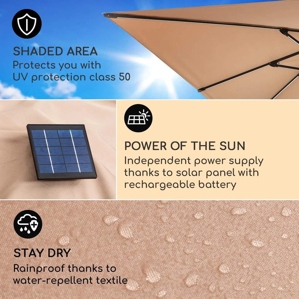 Blumfeldt Arles, slnečník, 300 x 300 cm, polyester, UV 50+, vodoodpudivý, LED svetlo