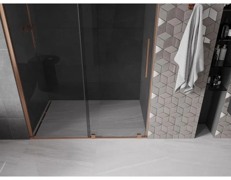 Mexen Velar, posuvné sprchové dvere do otvoru 160 cm, 8mm šedé sklo, medená matná, 871-160-000-41-65