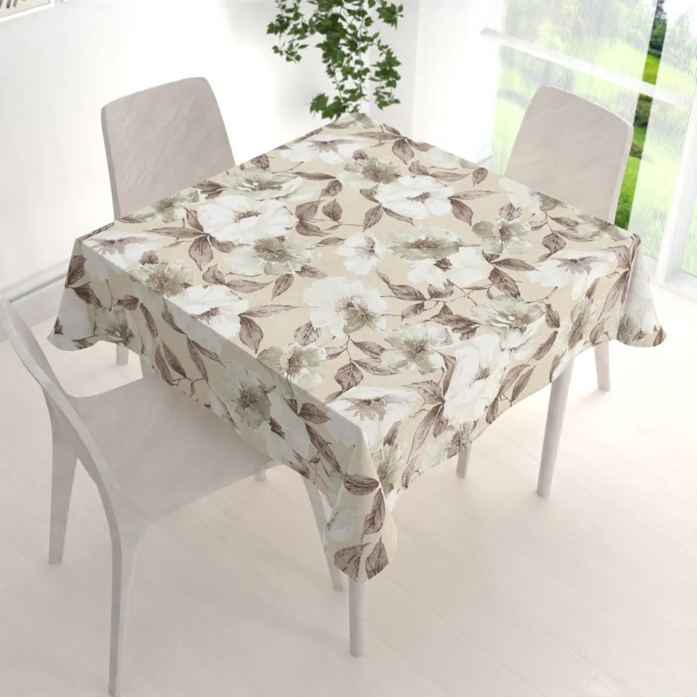 Biante Dekoračný štvorcový obrus Porto PRT-011 Hnedo-biele kvety na béžovom 100x100 cm