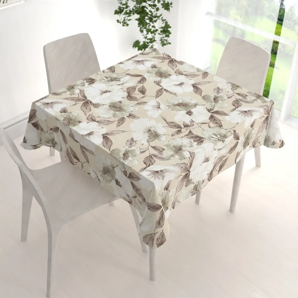 Biante Dekoračný štvorcový obrus Porto PRT-011 Hnedo-biele kvety na béžovom 100x100 cm