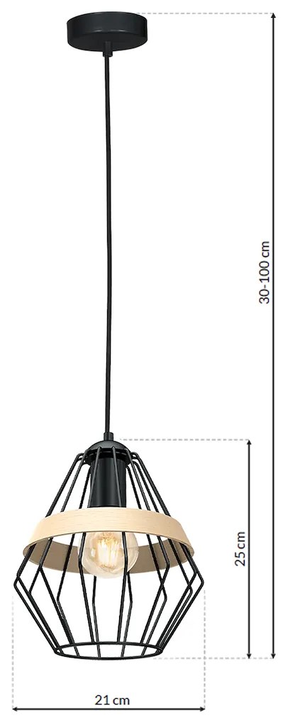 Závesné svietidlo Cliff, 1x drevené/čierne drôtené tienidlo, b