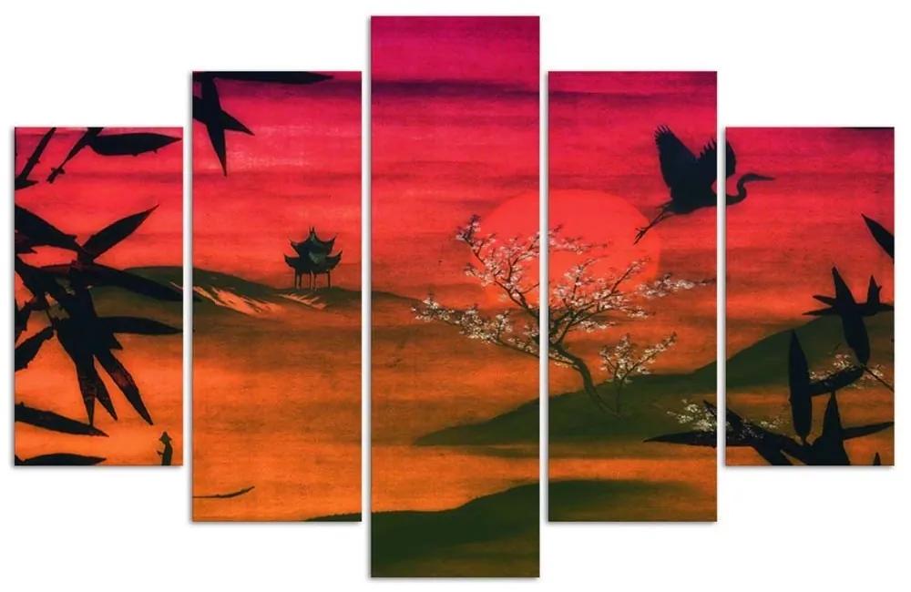 Obraz na plátně pětidílný Japonská červená krajina - 200x100 cm