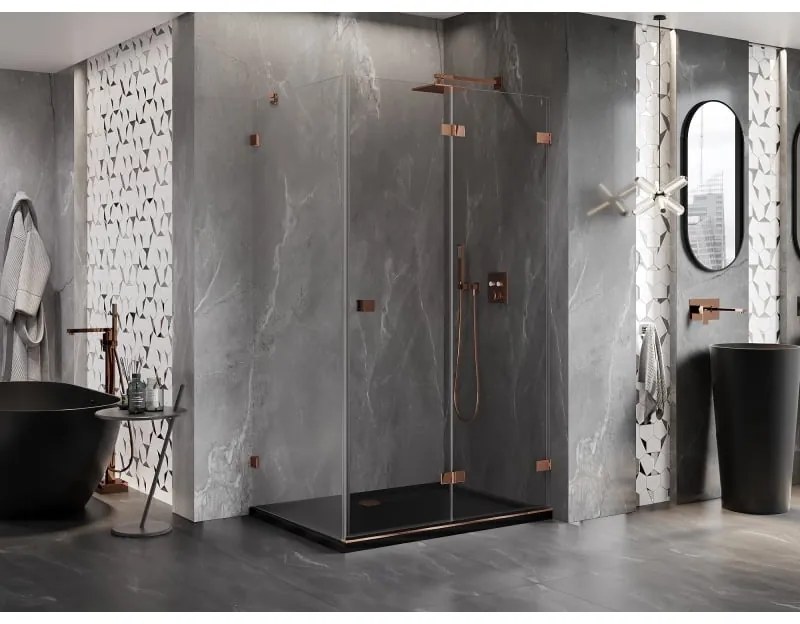 Mexen Lunar-F, 1-krídlový sprchový kút so skladacími dverami, pravý, 95 x 80 cm, 8mm číre sklo, ružové zlato profil, 836-095-080-60-00-P