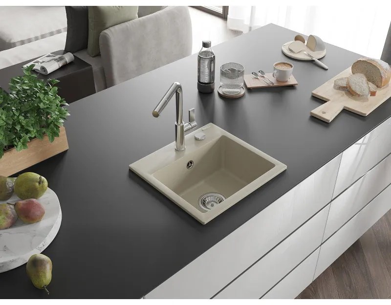 Mexen Milo, 1-komorový granitový drez 435x410x171 mm a drezová batéria Flora, béžová, 6505-69-670401-00