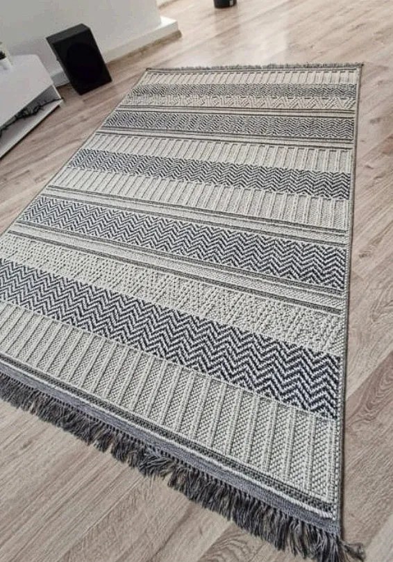 Pruhovaný koberec v boho štýle Boho 878-S – sivo-béžový Rozmer: 120x170 cm