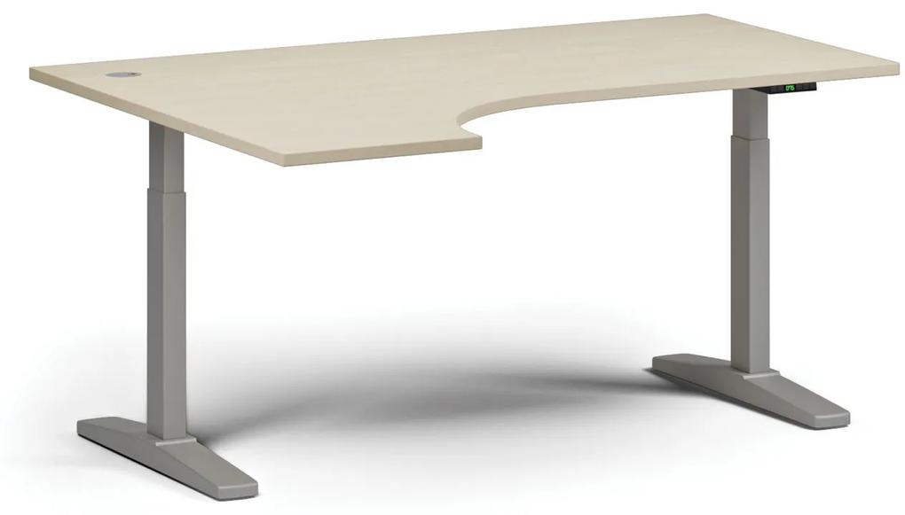 Výškovo nastaviteľný stôl, elektrický, 675-1325 mm, rohový ľavý, doska 1600x1200 mm, sivá podnož, breza