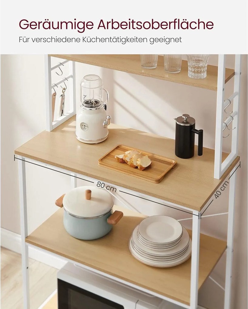 Regál do kuchyne, Stojan na mikrovlnku, 6 políc a 6 hákov, farba dub a biela