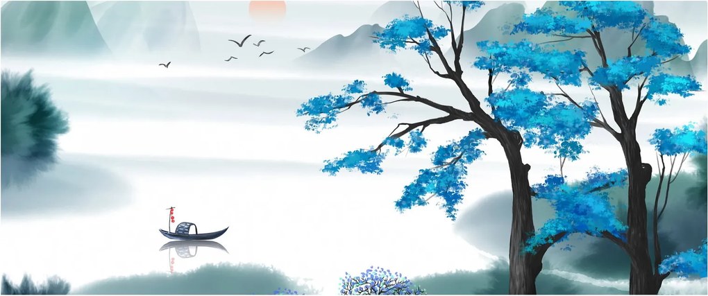 Obraz - Maľované jazero s loďkou (120x50 cm)