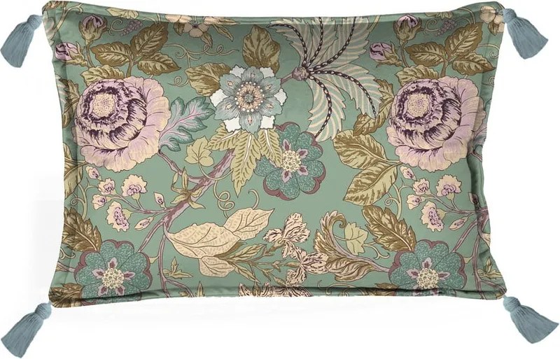 Zelený vankúš Velvet Atelier Japanese Flowers, 50 x 35 cm