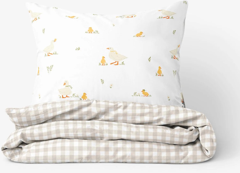 Goldea veľkonočné bavlnené posteľné obliečky - kačice s latte kockami 200 x 200 a 2ks 70 x 90 cm