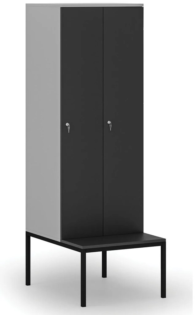 Drevená šatníková skrinka S4 s lavičkou, 2 oddiely, 1871 x 600 x 500/800 mm, demont, cylindrický zámok, sivá/grafit