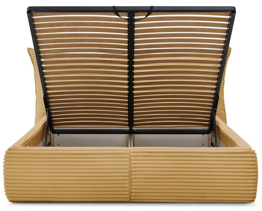 Žltá čalúnená dvojlôžková posteľ s úložným priestorom a roštom 180x200 cm Jade – Bobochic Paris
