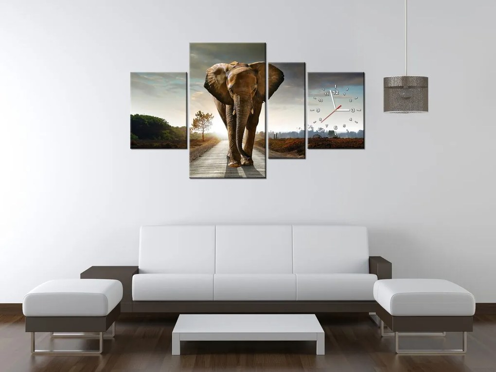 Gario Obraz s hodinami Osamelý silný slon - 4 dielny Rozmery: 120 x 80 cm