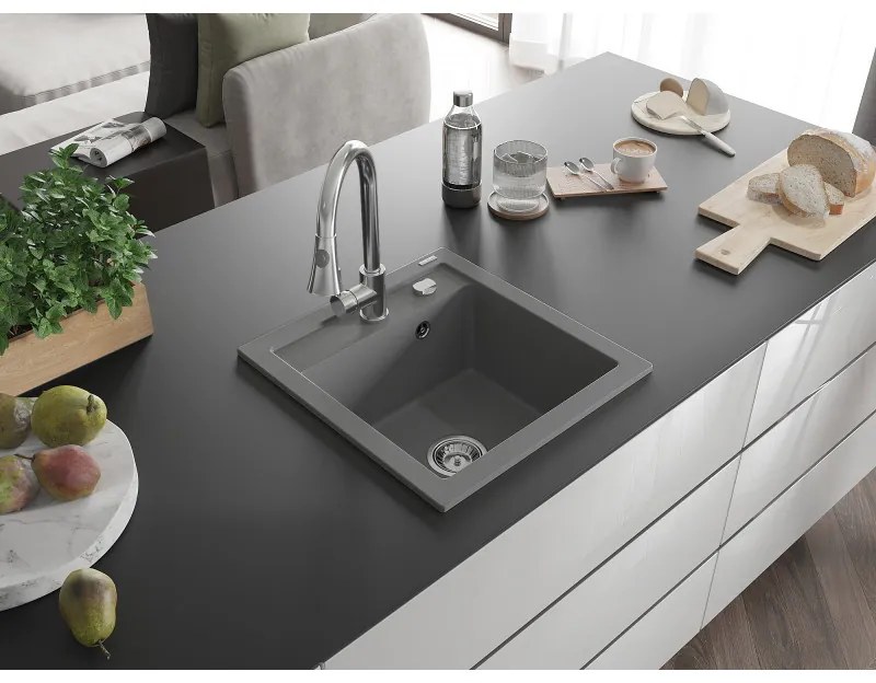 Mexen Vito, 1-komorový granitový drez 490x520x210 mm a drezová batéria Elia, šedá, 6503-71-670101-00