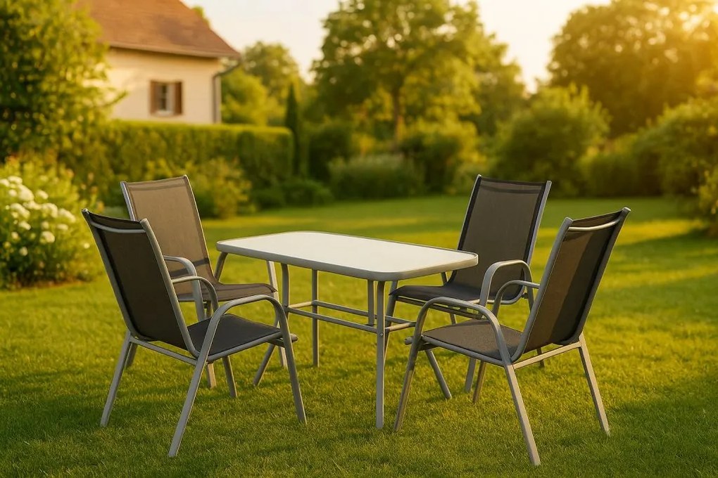 Garthen 40751 Záhradný skladací set stôl + 4 stohovateľné stoličky - čierna