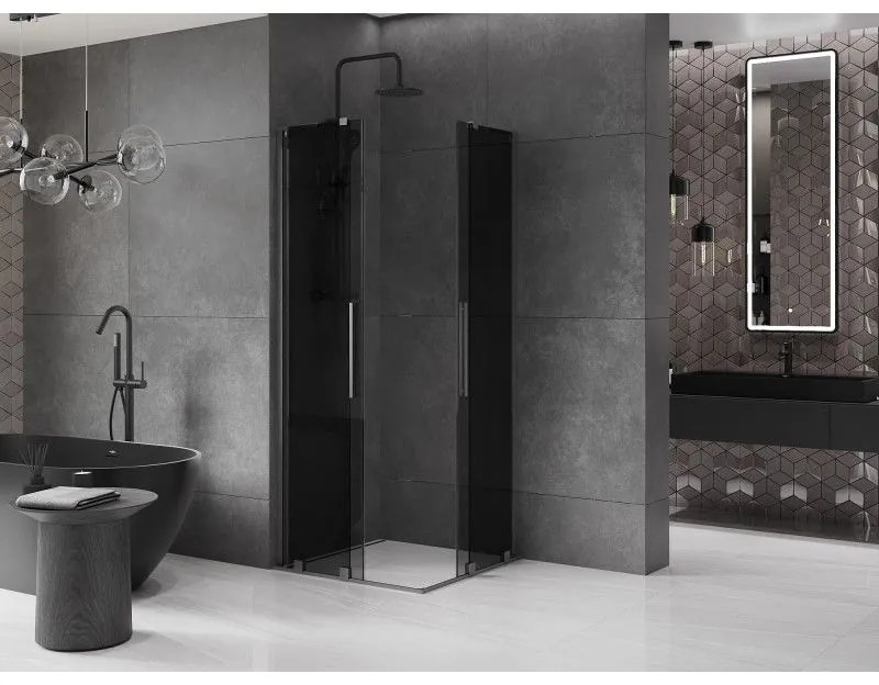 Mexen Velar L Duo, sprchový kút s posuvnými dverami 90 x 90 cm, 8mm šedé sklo, brúsený grafit, 871-090-090-02-43-66