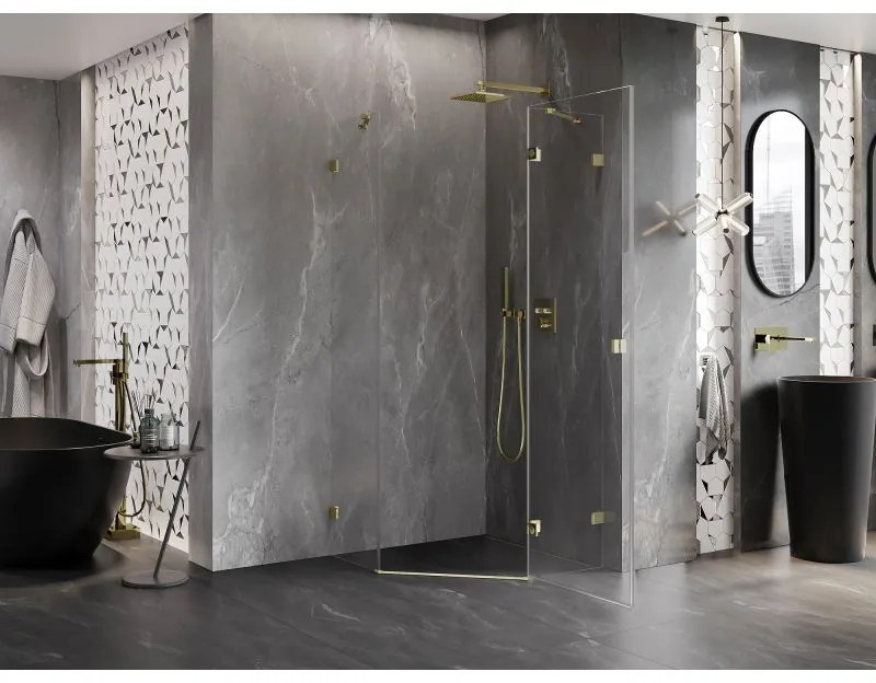 Mexen Lunar, výklopný päťuholníkový sprchový kút pravý 90 x 90 cm, 8mm číre sklo, zlatý profil, 831-090P-090L-50-00-P