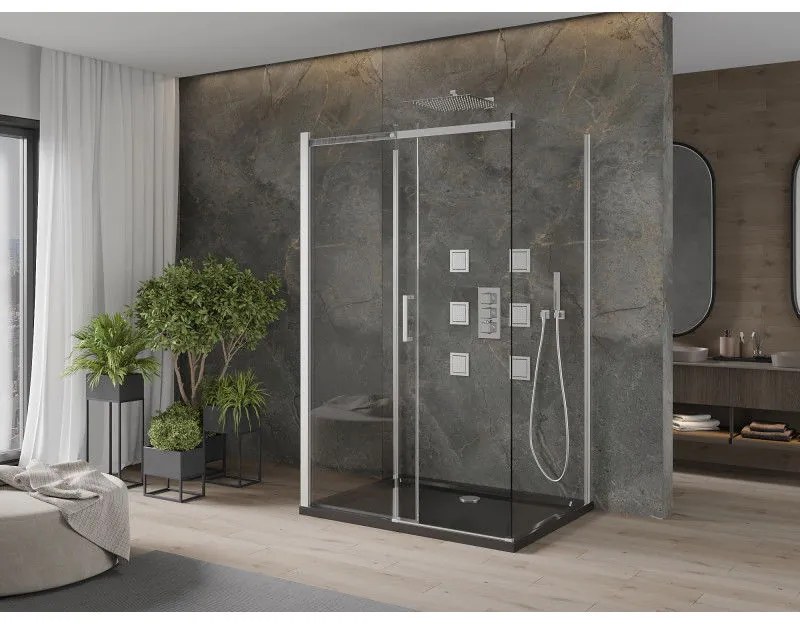 Mexen Omega, 3-stenový sprchovací kút s posuvnými dverami 120 (dvere) x 100 (stena) x 190 cm, 8mm číre sklo, chrómový profil + čierna sprchová vanička SLIM, 825-120-100-01-00-3S-4070