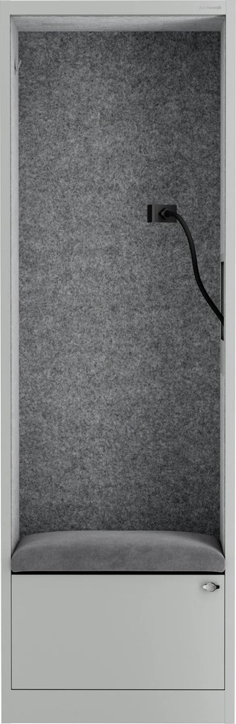 Kancelárska akustická kabína so sedadlom a portom USB-C, telo v sivý / sedák sivá v zelenej farbe, 600 mm: SALLY MentalBox