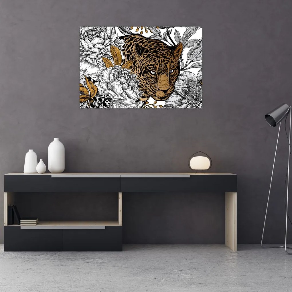 Obraz - Leopard medzi kvetmi (90x60 cm)