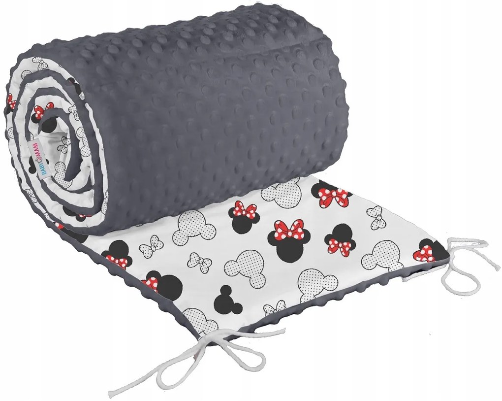 Ochranný mantinel do postieľky 180x30 cm BABYMAM PREMIUM - Myška Minnie s grafitovou minky