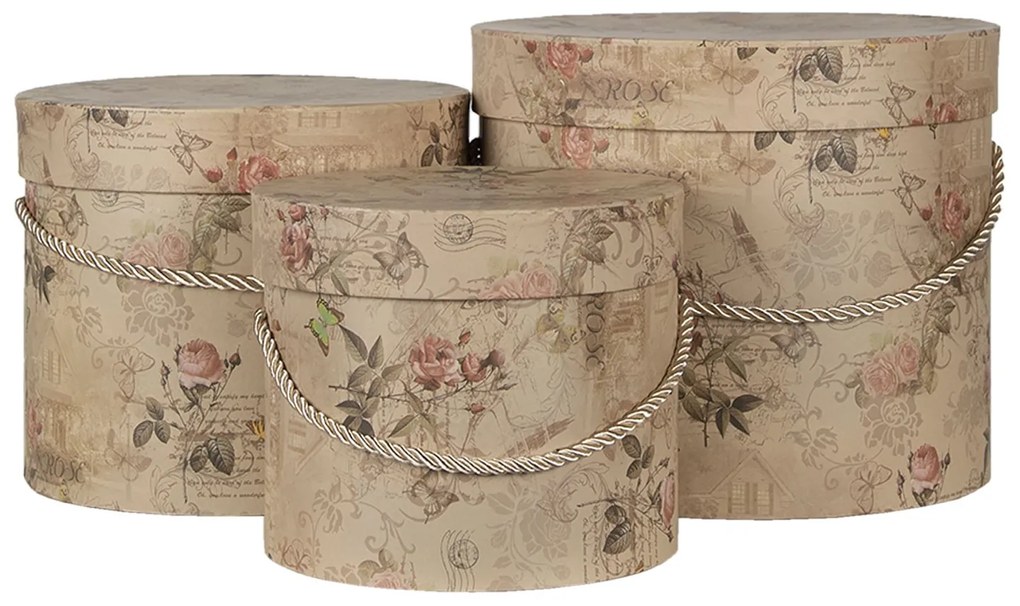 Sada 3ks béžových vintage papierových krabíc - Ø 23*20 / Ø 20*17 / Ø 17*14 cm