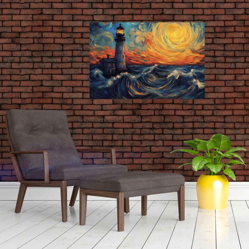 Obraz - Maják vo vlnách (90x60 cm)