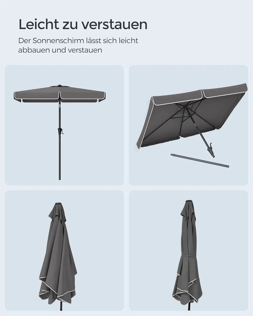Slnečník 200 × 150 cm, obdĺžnikový balkónový slnečník, ochrana pred slnkom UPF 50+, bez podstavca, šedý